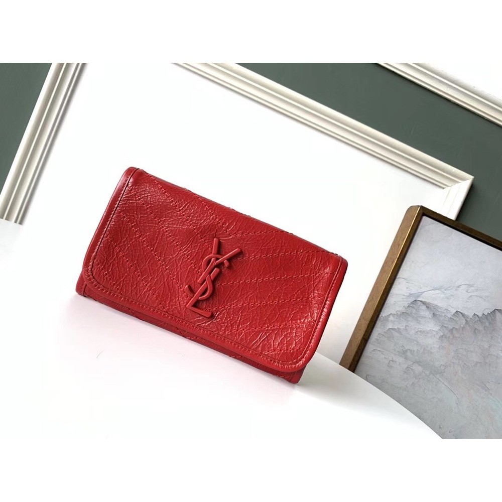 Saint Laurent Niki Large Wallet In Red Crinkled Vintage Leather TDBS28866